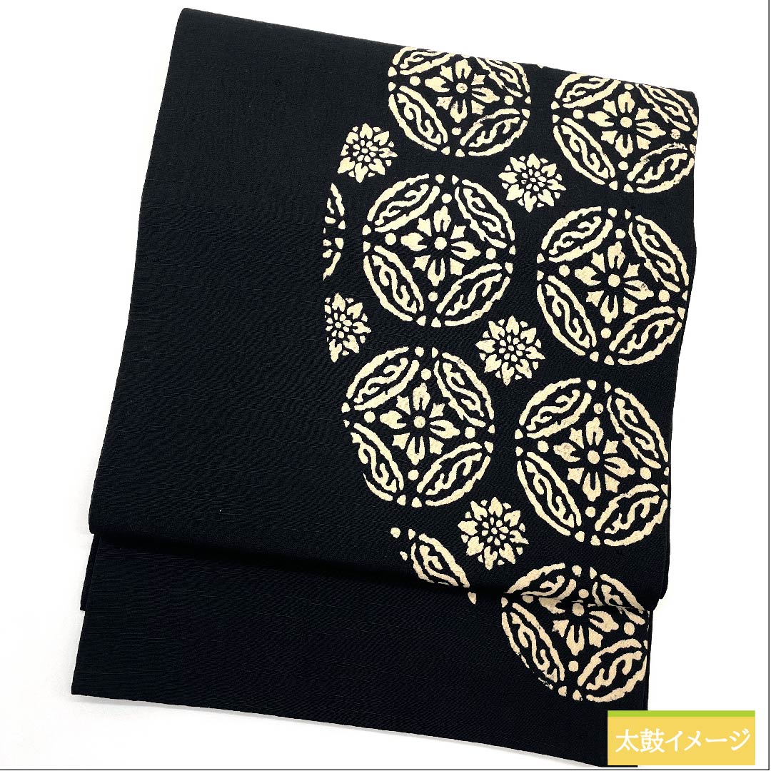 名古屋帯 黒色 モノトーン 花柄 長尺 帯丈376cm 正絹 Bランク ポイント柄 カジュアル 黒系 1124006174310 開き仕立て