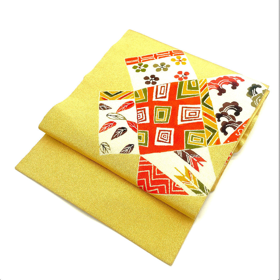 名古屋帯 京紅型 染め帯 縮緬 吉祥文様 帯丈360.5cm 正絹 Aランク ポイント柄 カジュアル 黄系 1124001983323 名古屋仕立て