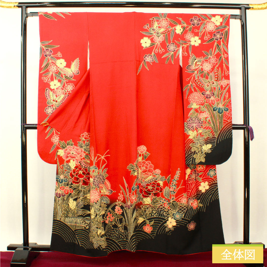 振袖 正絹 身丈158.5cm 裄丈63.5cm 袷 赤紅色 京紅型 吉祥文様 Aランク 赤系 1113001933312