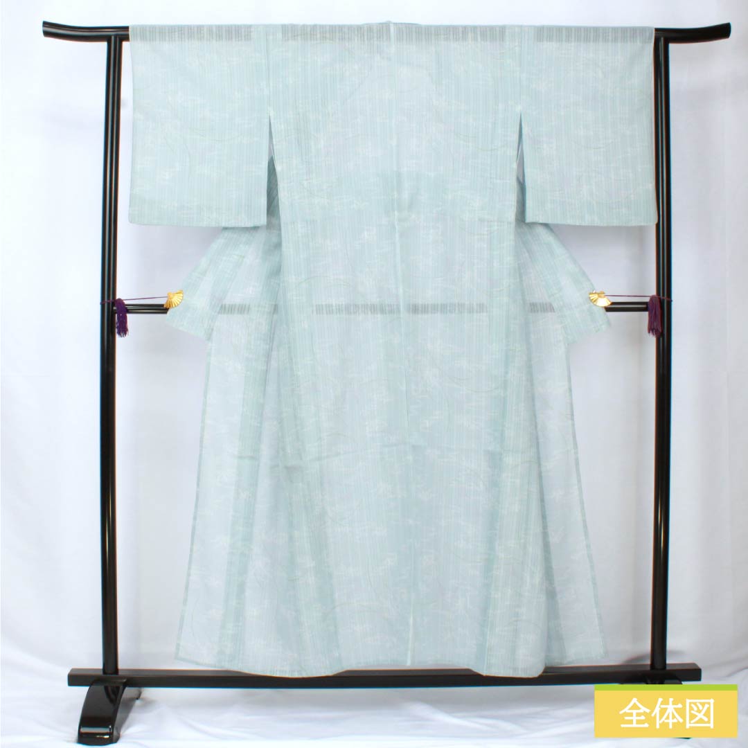 夏物 ポリエステル 小紋 身丈153cm 裄丈62.5cm 瓶覗色(かめのぞきいろ) 流水 秋草 洗える着物 紗 Aランク 水色系 1132002313224