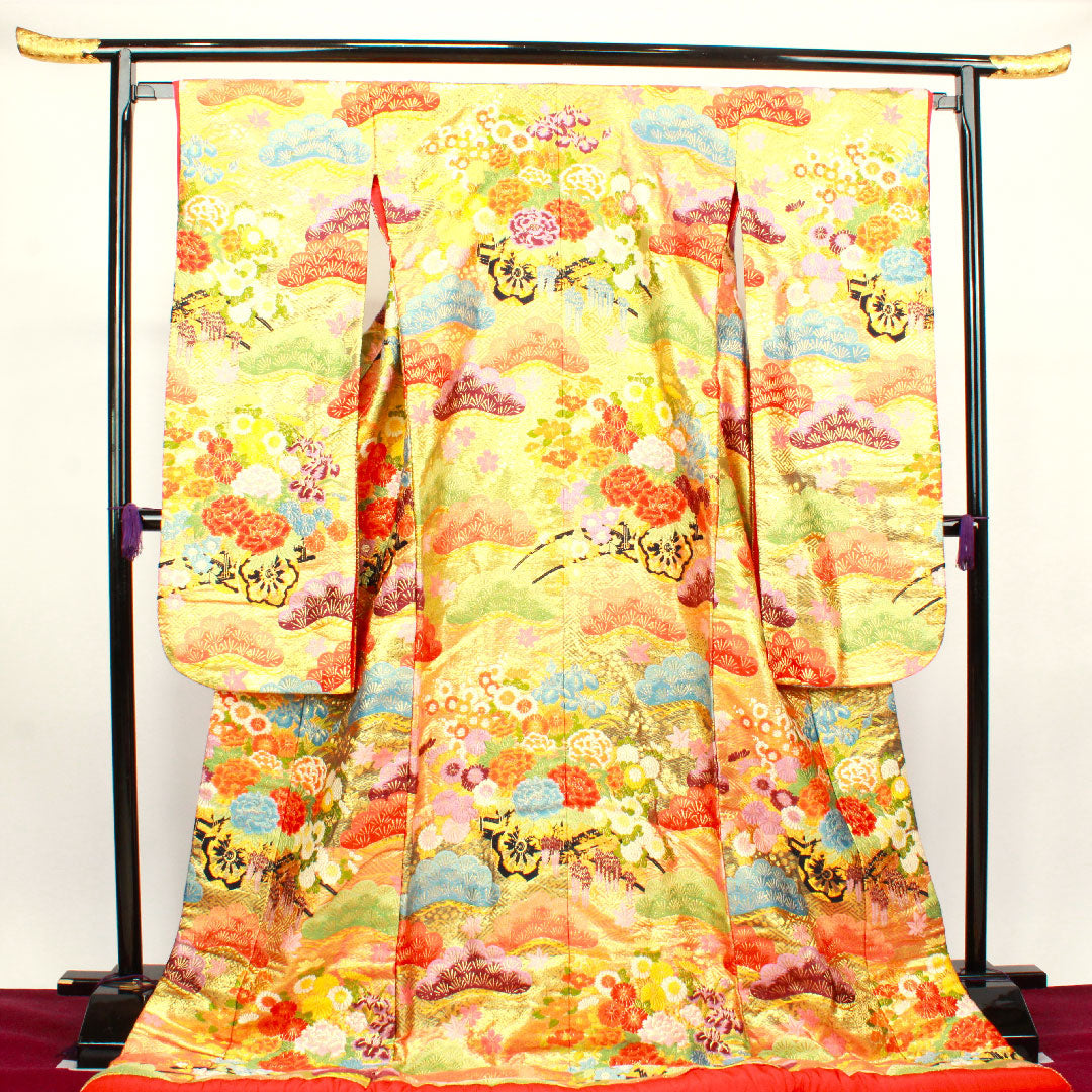 色打掛 身丈195cm 唐織 松 菊 花車 正絹 Sランク 袷 朱系 1110000412916