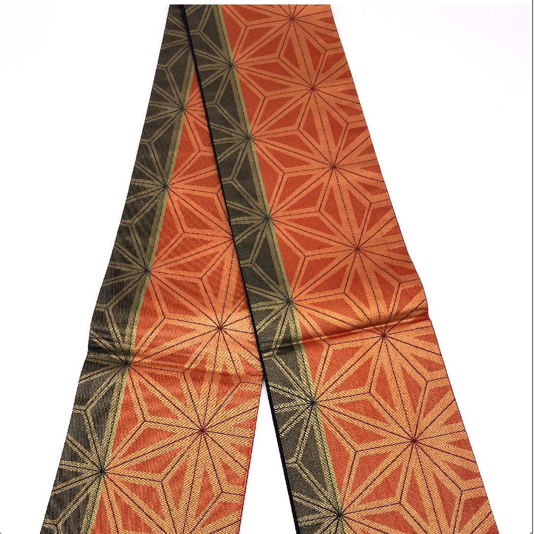 (未仕立)半幅帯 木綿 牛血紅色(ぎゅうけつこういろ) 麻の葉 幾何学模様 帯丈388cm 朱系 Sランク 1125001242316