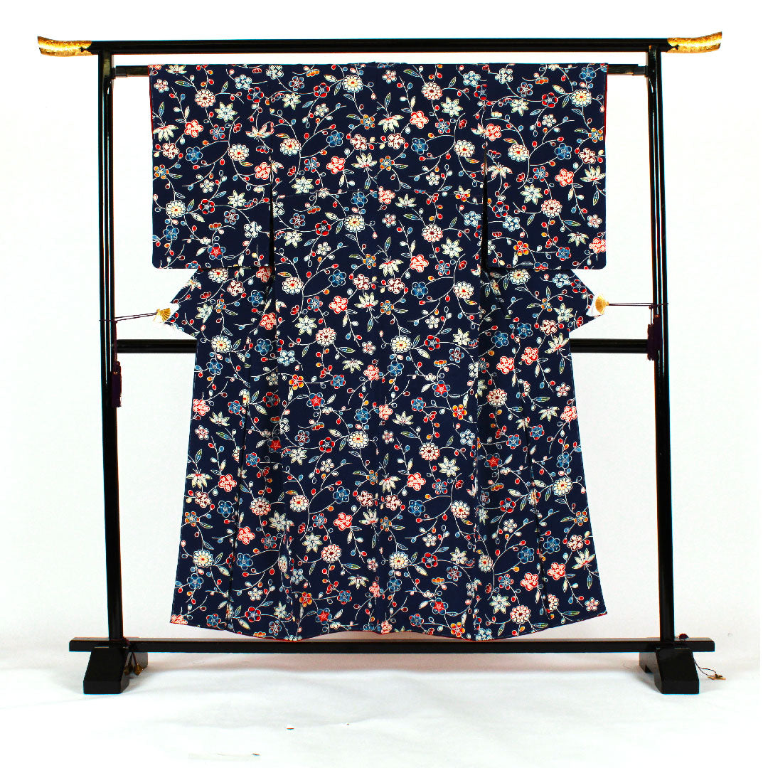 小紋 身丈155cm 裄丈62cm 袷 京紅型 松竹梅 花模様 正絹 Sランク 紺系 1115001202318
