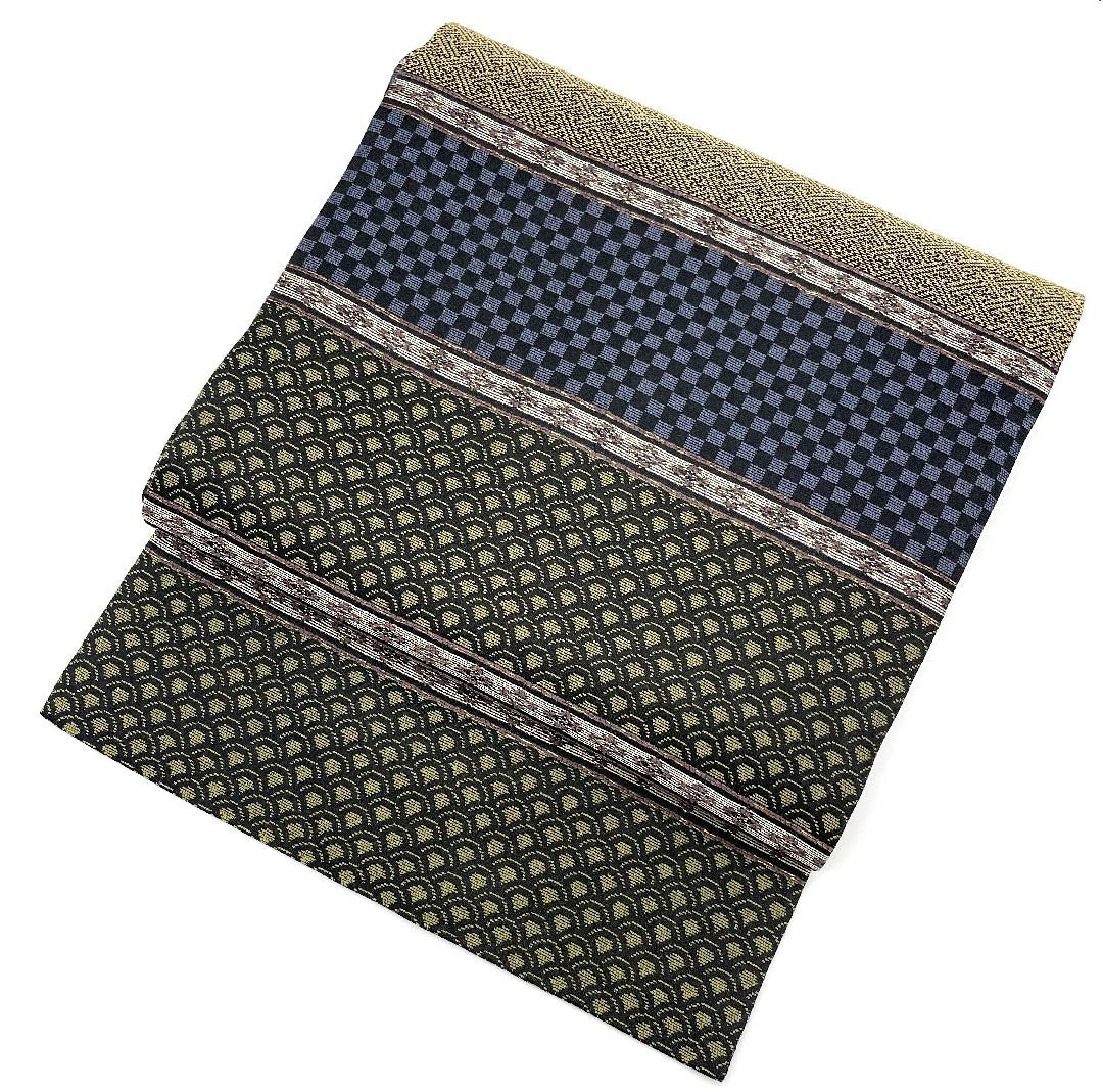 名古屋帯 グラデーション 市松 青海波 紗綾形 横段 帯丈375.5cm 正絹 Sランク 全通 カジュアル グラデ 1124003192399 名古屋仕立て