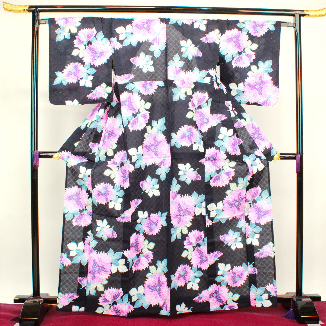浴衣 濃紺色 菊 木綿 Sランク 単衣 身丈165.5cm 裄丈66.5cm 紺系 1118003212518
