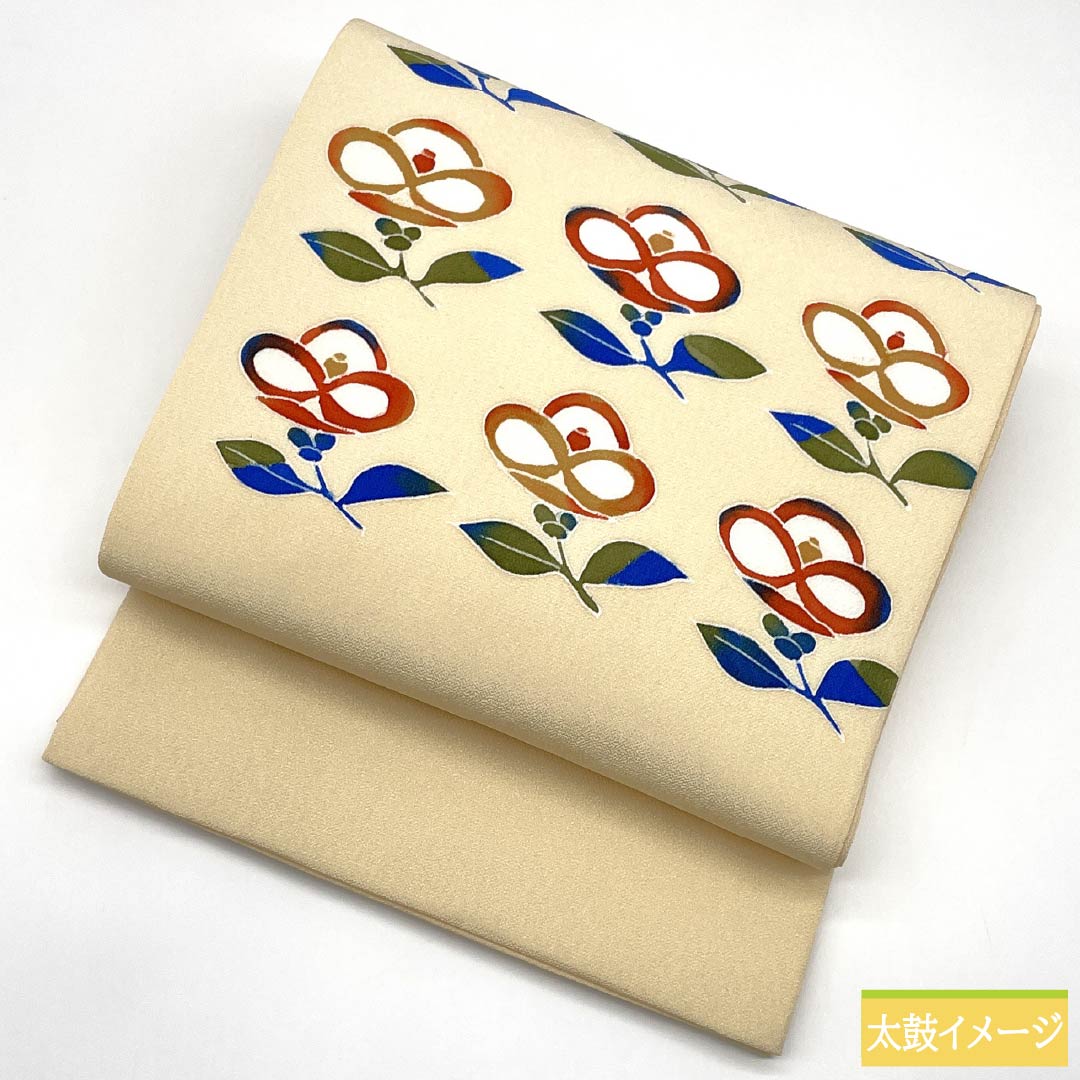 名古屋帯 ポリエステル Sランク 鳥の子色(とりのこいろ) 型染 ちりめん地 椿 帯丈372cm ポイント柄 カジュアル クリーム系 1124010812315 開き仕立て