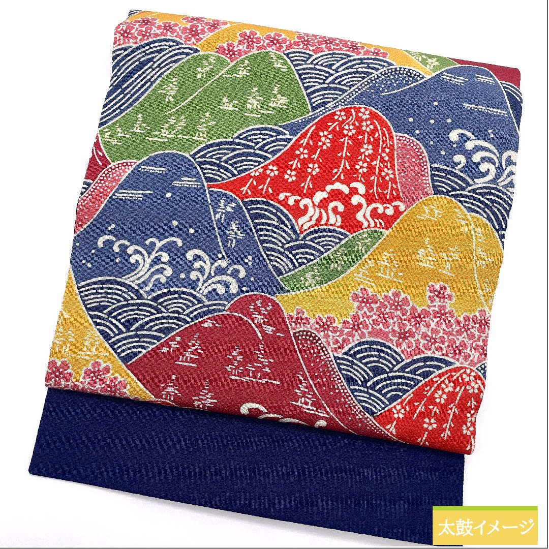 名古屋帯 紺瑠璃色 京紅型 遠山柄 桜 帯丈351cm 正絹 Sランク ポイント柄 カジュアル 青系 1124005472317 名古屋仕立て