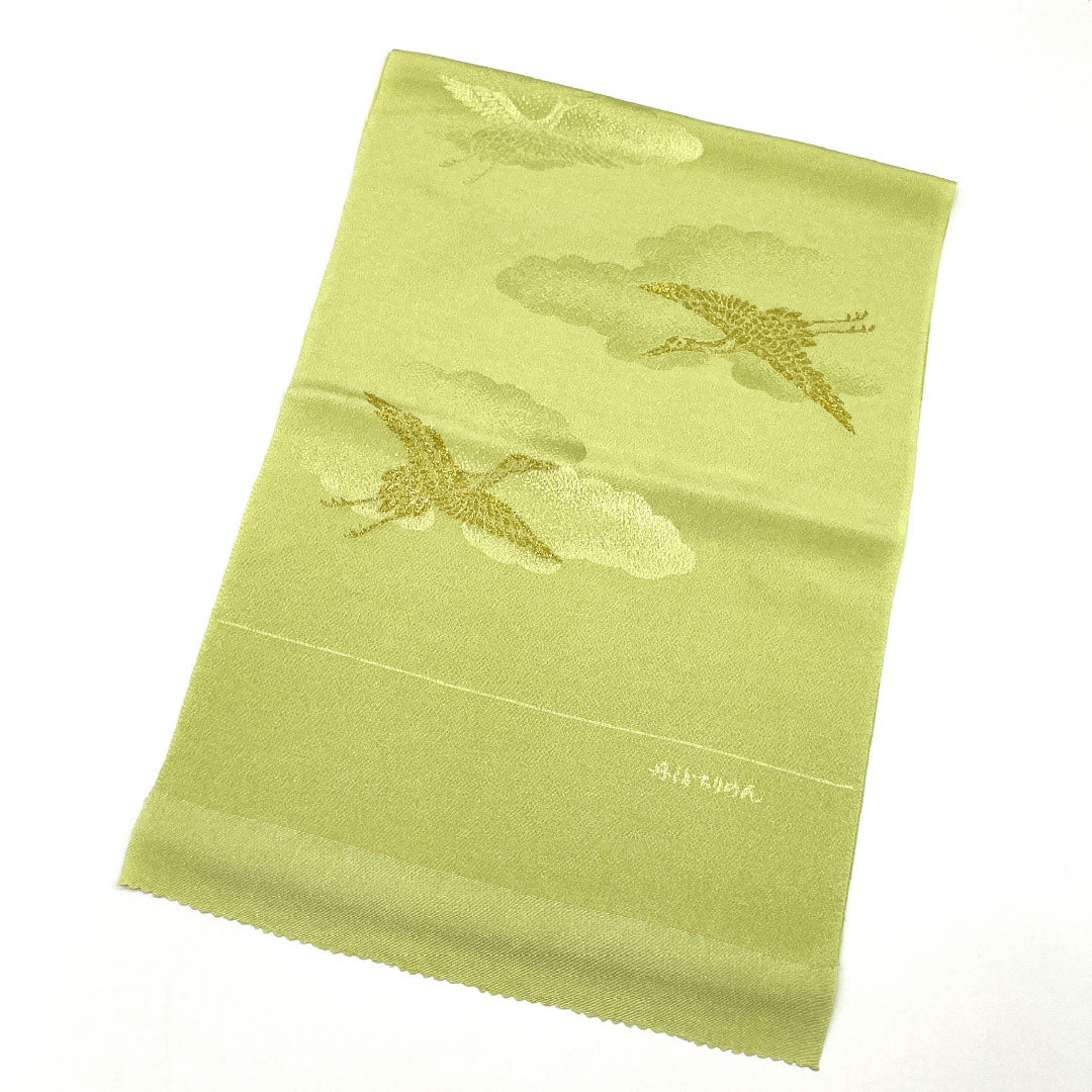 (新古品)帯揚げ 正絹 NEWランク セミフォーマル 若芽色(わかめいろ) 丹後ちりめん 鶴 雲 長さ約170cm 幅約28.5cm 緑系 1136001231919