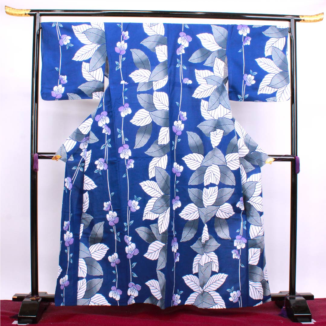 浴衣 紺桔梗色 薔薇 木綿 Sランク 単衣 身丈161.5cm 裄丈71cm 紺系 1118004132418