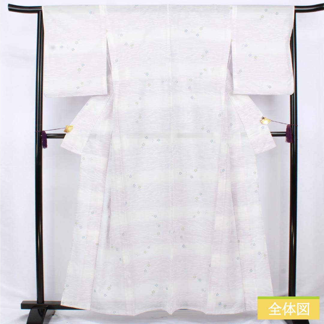 夏物 ポリエステル 小紋 身丈160cm 裄丈65cm 霞色(かすみいろ) 撫子 波 洗える着物 絽 Bランク グラデーション系 1132002454499