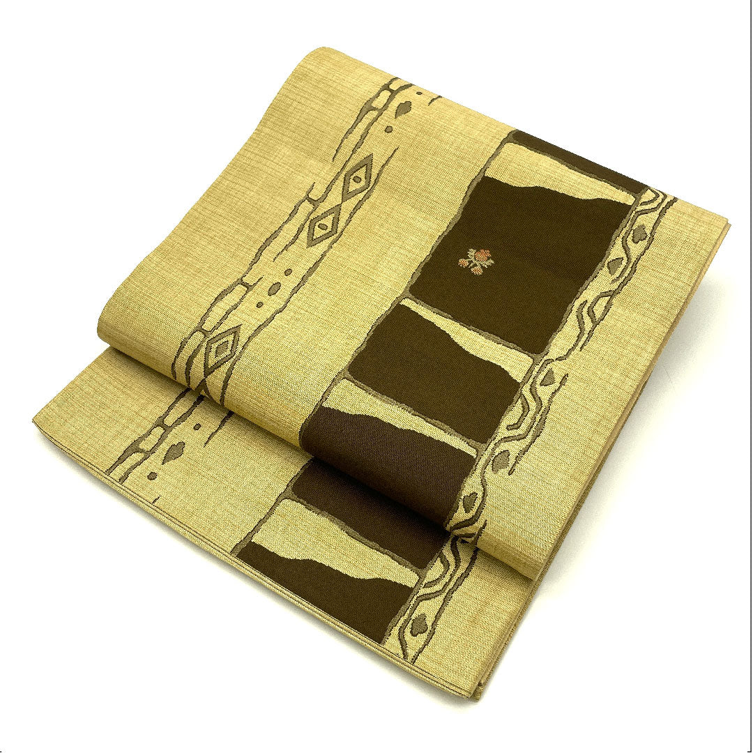 袋帯 抽象模様 帯丈422cm 正絹 Sランク 六通 カジュアル 黄系 1123004142323