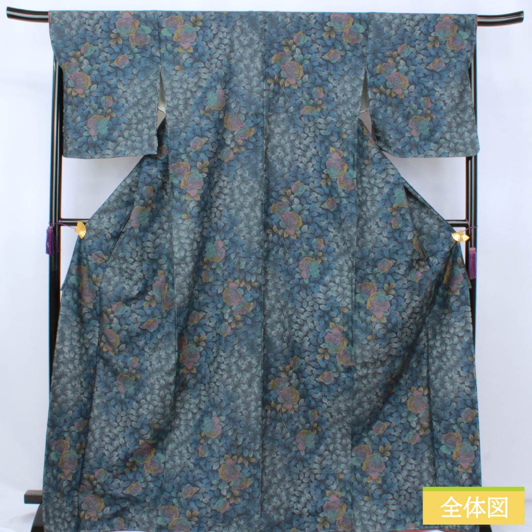 紬 正絹 Aランク 身丈171.5cm 裄丈68cm 濃紺色(のうこんいろ) 薔薇 葉 しつけ糸付き 袷 紺系 1116004373618