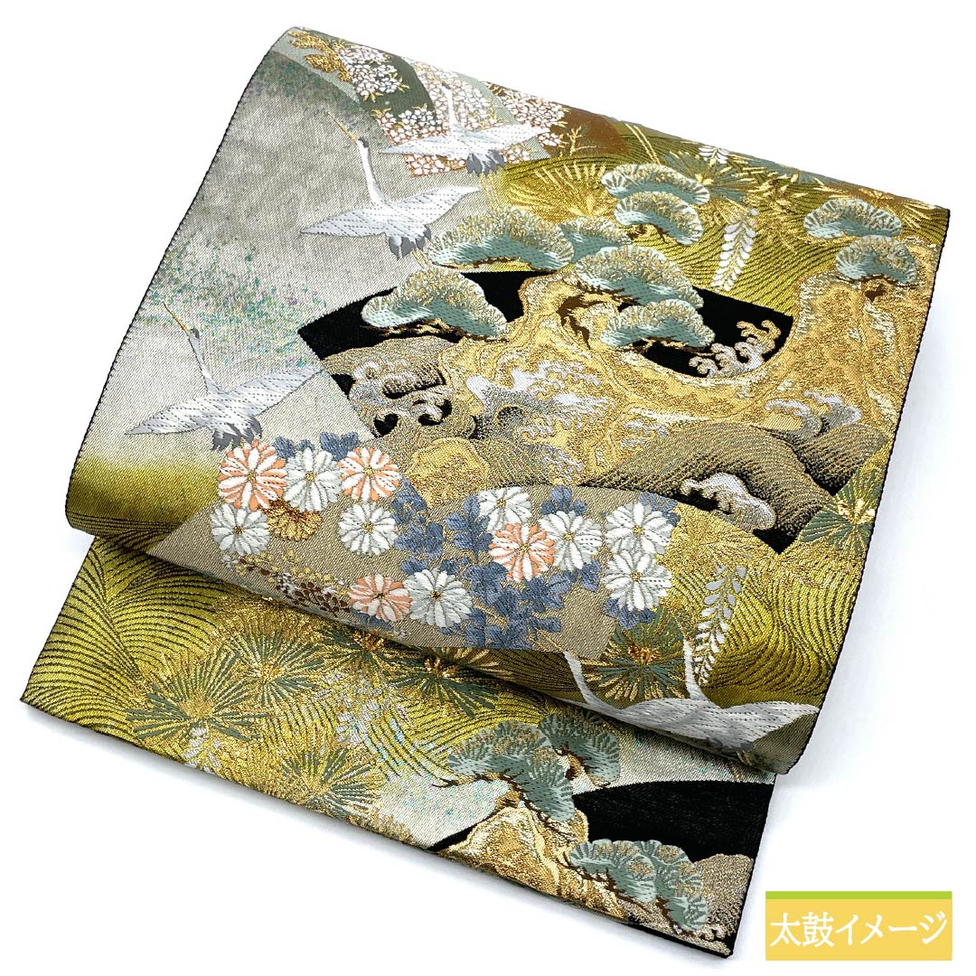 Silk Fukuro Obi for Tomesode, Crane, Fan, Chrysanthemum, Length 436cm, S Rank, Six-way, Formal, Black, 1123013362310