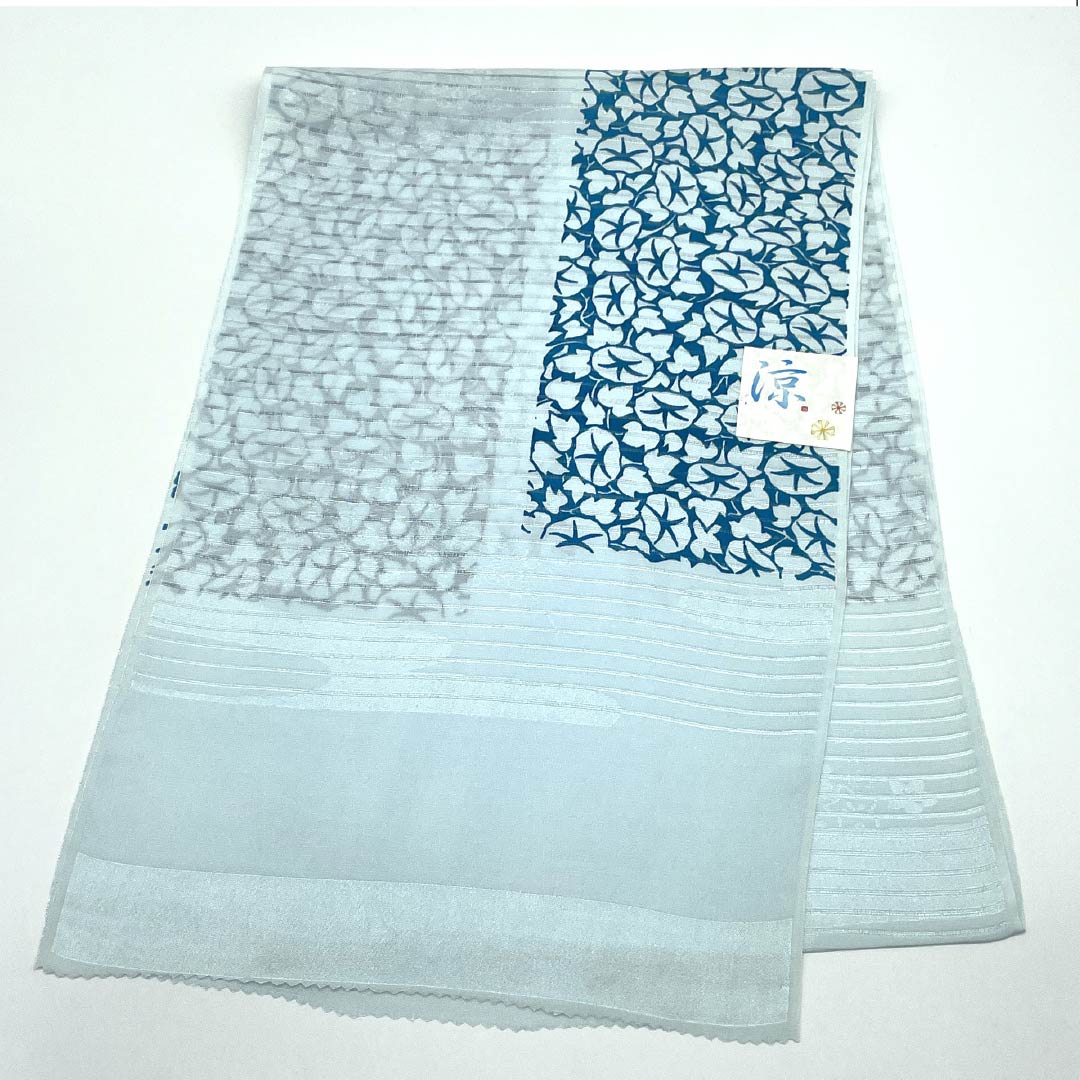 (New) Obiage, pure silk, semi-formal, indigo white, summer, morning glory, length 174cm, width 29cm, new rank, light blue, 1136000761924