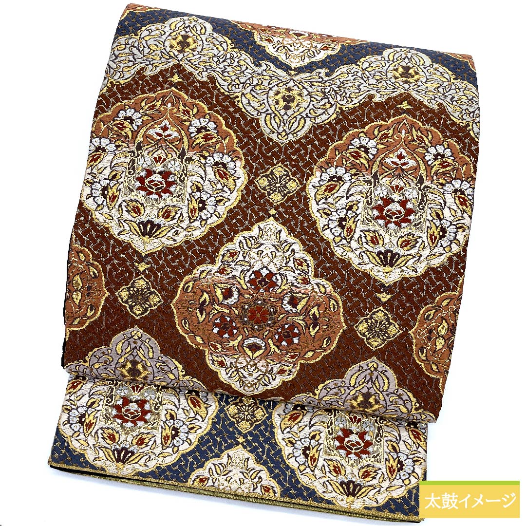 Fukuro Obi, pure silk, iron black, Kano Yuki, flower crest, classic pattern, obi length 422cm, S rank, six-pass, formal, brown, 1123011052314
