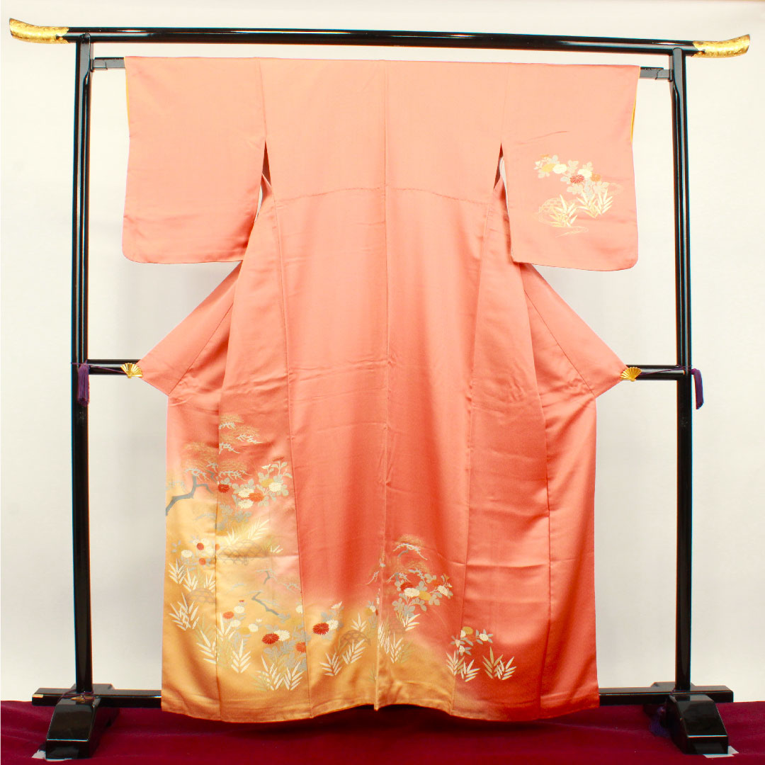 訪問着 正絹 袷 身丈161cm 裄丈63cm 珊瑚色 京友禅 菊 松 Aランク 橙系 1112002913426