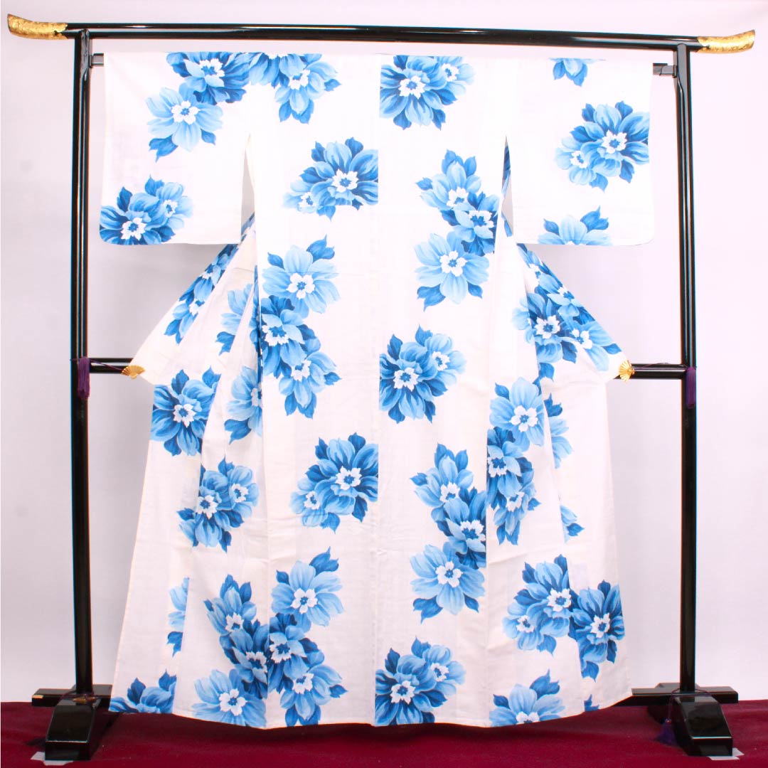 浴衣 乳白色色 花模様 木綿 Sランク 単衣 身丈161.5cm 裄丈66.5cm 白系 1118004292411