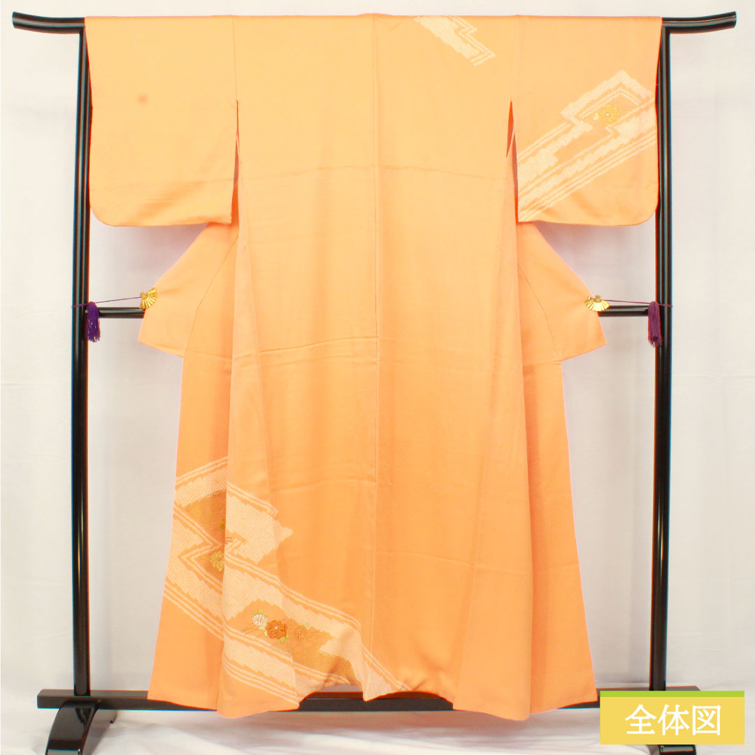 訪問着 正絹 袷 身丈154cm 裄丈64cm 朱華色(はねずいろ) 部分絞り 部分刺繡 菊 Aランク 橙系 1112005403226