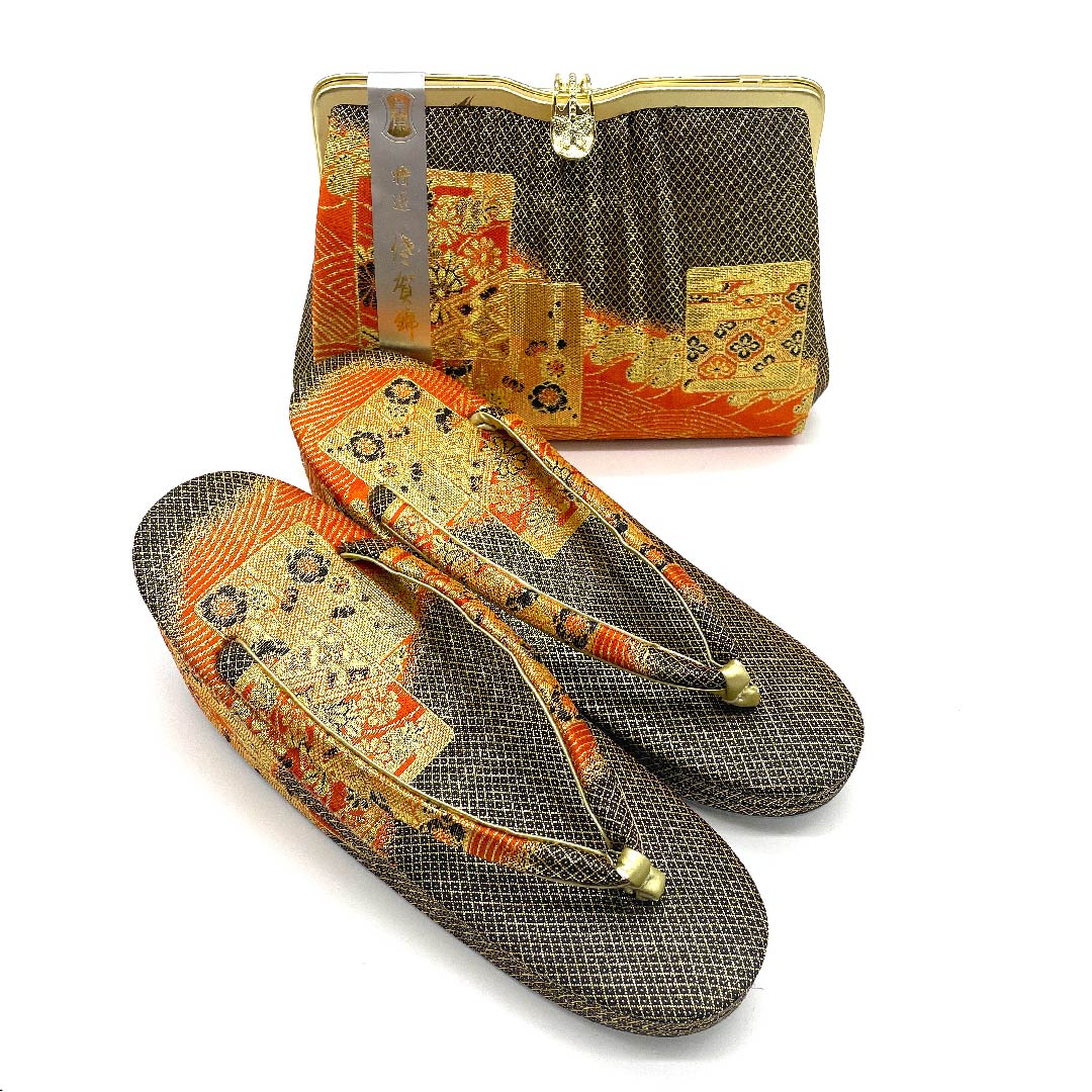 (新古品)草履バッグセット フォーマル 銀朱色(ぎんしゅいろ) 未使用品 佐賀錦 三枚芯 Mサイズ 朱系 Aランク 1133000013316