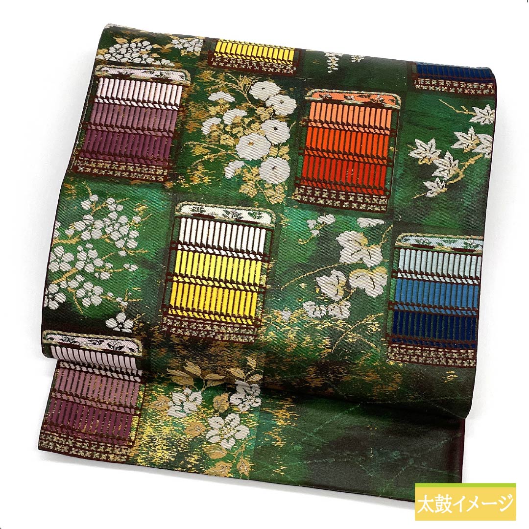 袋帯 正絹 天鵞絨色(びろうどいろ) 梅 蔦 藤の花 桜 帯丈424cm Aランク 六通 フォーマル 緑系 1123012113319