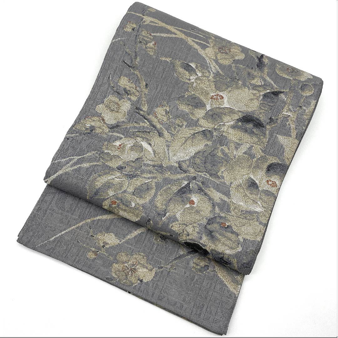 袋帯 薄鈍色(うすにびいろ) 梅 露芝 変わり市松 作家物 帯丈432cm 正絹 Sランク ポイント柄 カジュアル グレー系 1123008902322