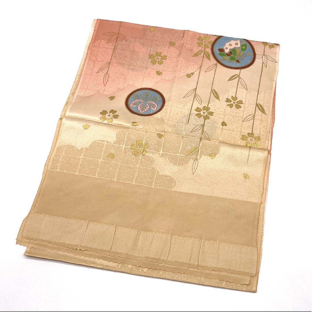 Obiage Silk S Rank Semi-formal Light Persimmon Orange, Dawn Red, Round Crest, Cherry Blossoms, Length approx. 170cm, Width approx. 30cm, Beige-toned, 1136004572925