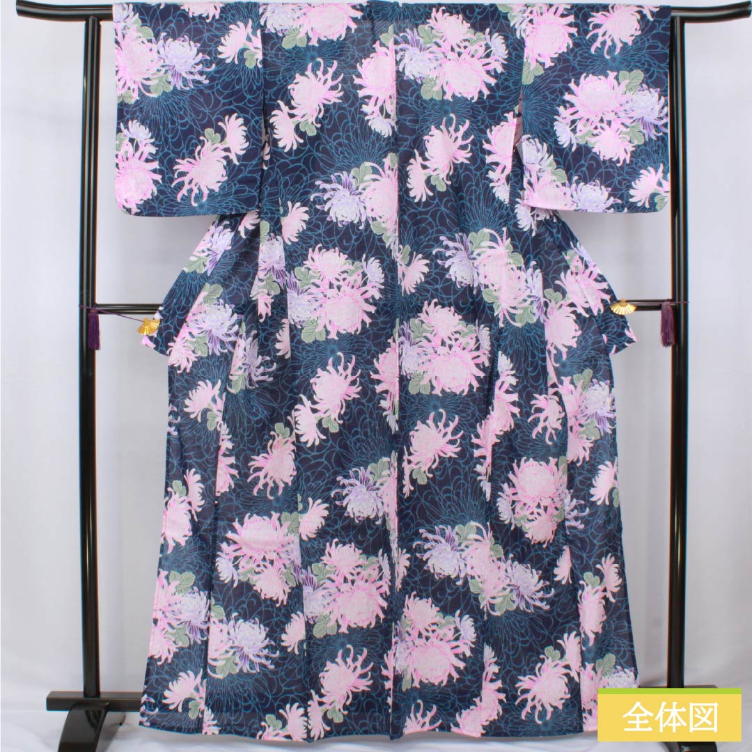 浴衣 木綿 身丈164.5cm 裄丈63cm Aランク 単衣 紺系 紺色(こんいろ) 菊 1118006673418