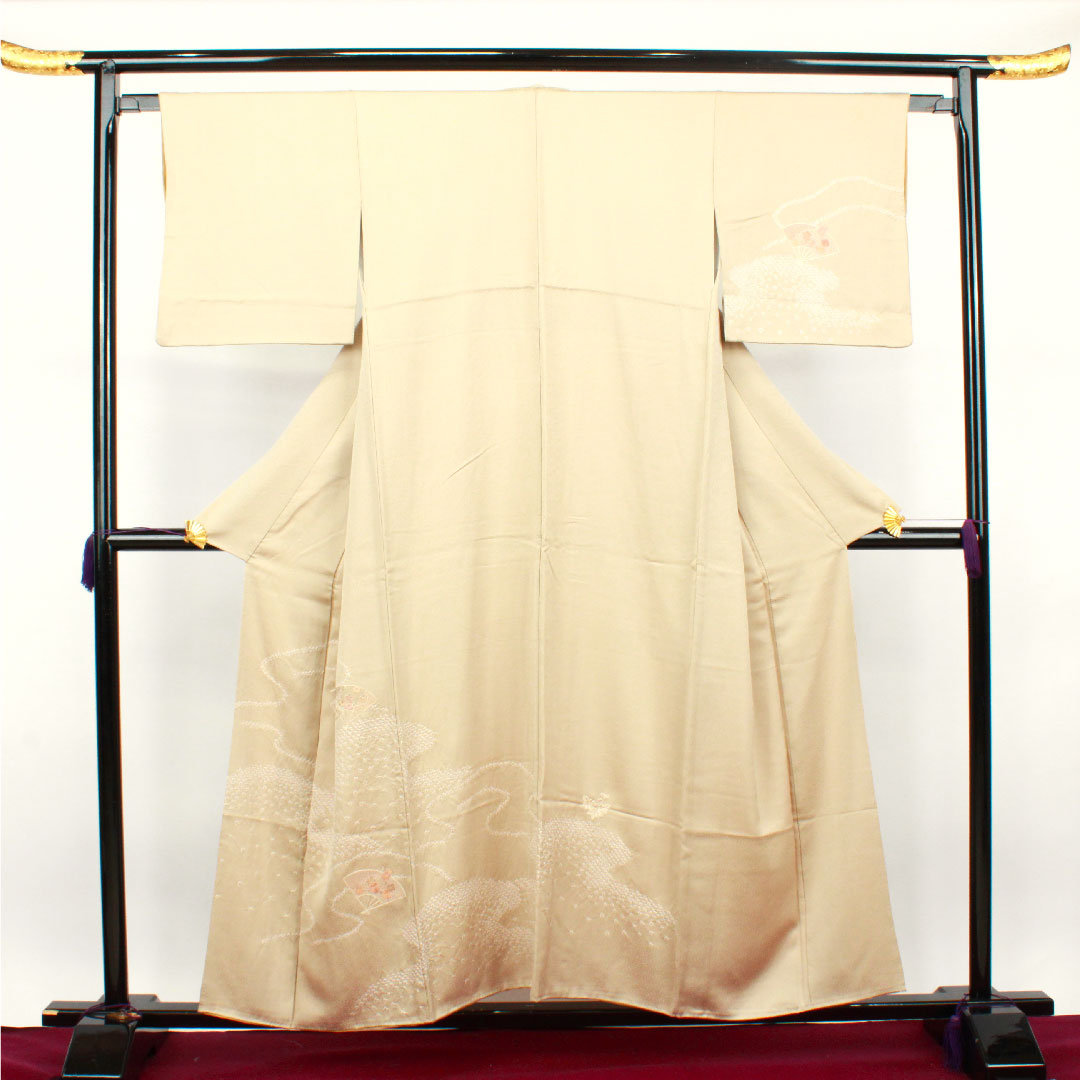 訪問着 袷 身丈153.5cm 裄丈62.5cm 白橡色 刺繡 絞り 扇 正絹 Bランク クリーム系 1112002194215