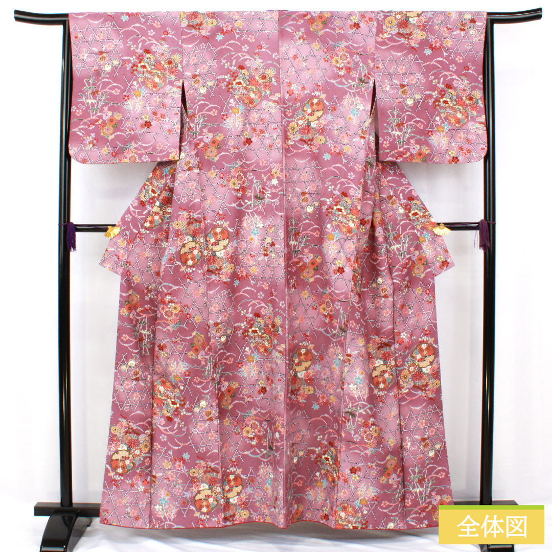 小紋 ポリエステル 身丈169.5cm 裄丈64.5cm 袷 京藤色(きょうふじいろ) 洗える着物 草花模様 Aランク 紫系 1115004623520