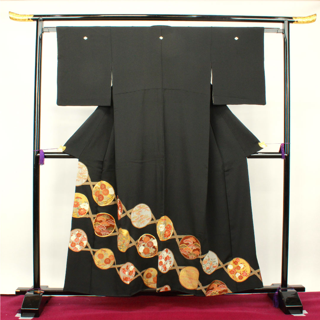 黒留袖 身丈156.5cm 裄丈61cm 袷 京友禅 松竹梅 木瓜 正絹 Sランク 五つ紋 黒系 1111000682310