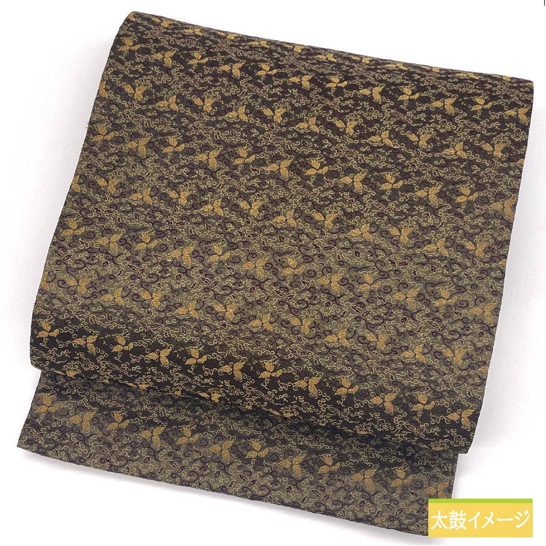 袋帯 正絹 媚茶色(こびちゃいろ) 丸帯 花唐草 帯丈404cm Sランク 全通 カジュアル 緑系 1123012442319