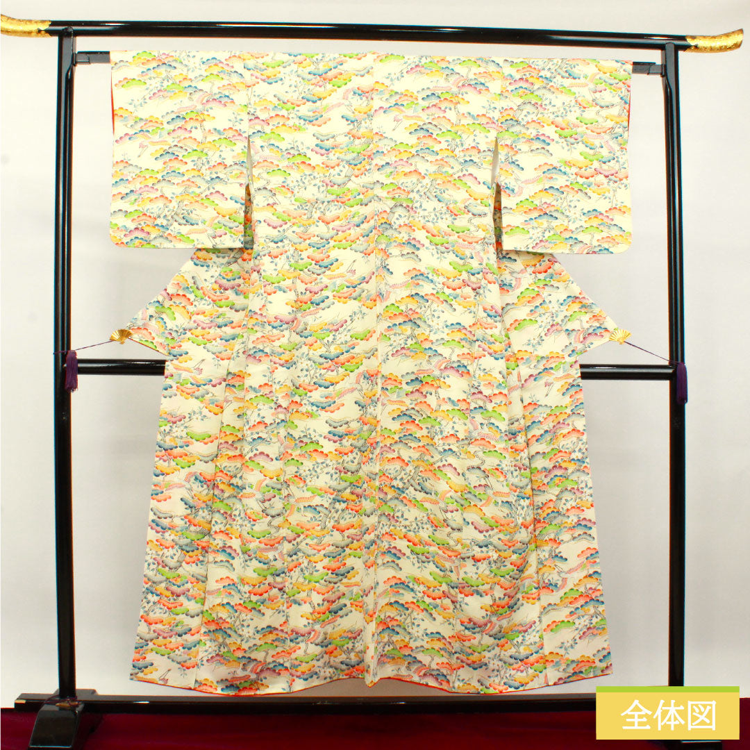 小紋 クリーム系 身丈152.5cm 裄丈67.5cm 袷 乳白色 松 鶴 正絹 Aランク 1115003743215
