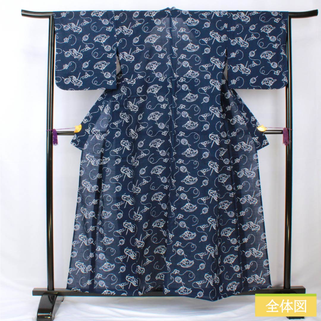 浴衣 木綿 身丈157cm 裄丈65cm Aランク 単衣 紺系 笠 扇面 1118005603318