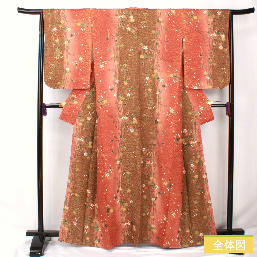 小紋 正絹 身丈163cm 裄丈64cm 袷 赤蘇芳色(あかすおういろ) 籠目 花 しつけ糸付き Sランク 朱系 1115005692416