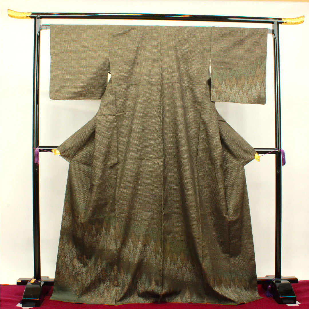 訪問着 正絹 袷 身丈171.5cm 裄丈67cm 墨色 赤城紬 抽象模様 Sランク 茶系 1112003232614