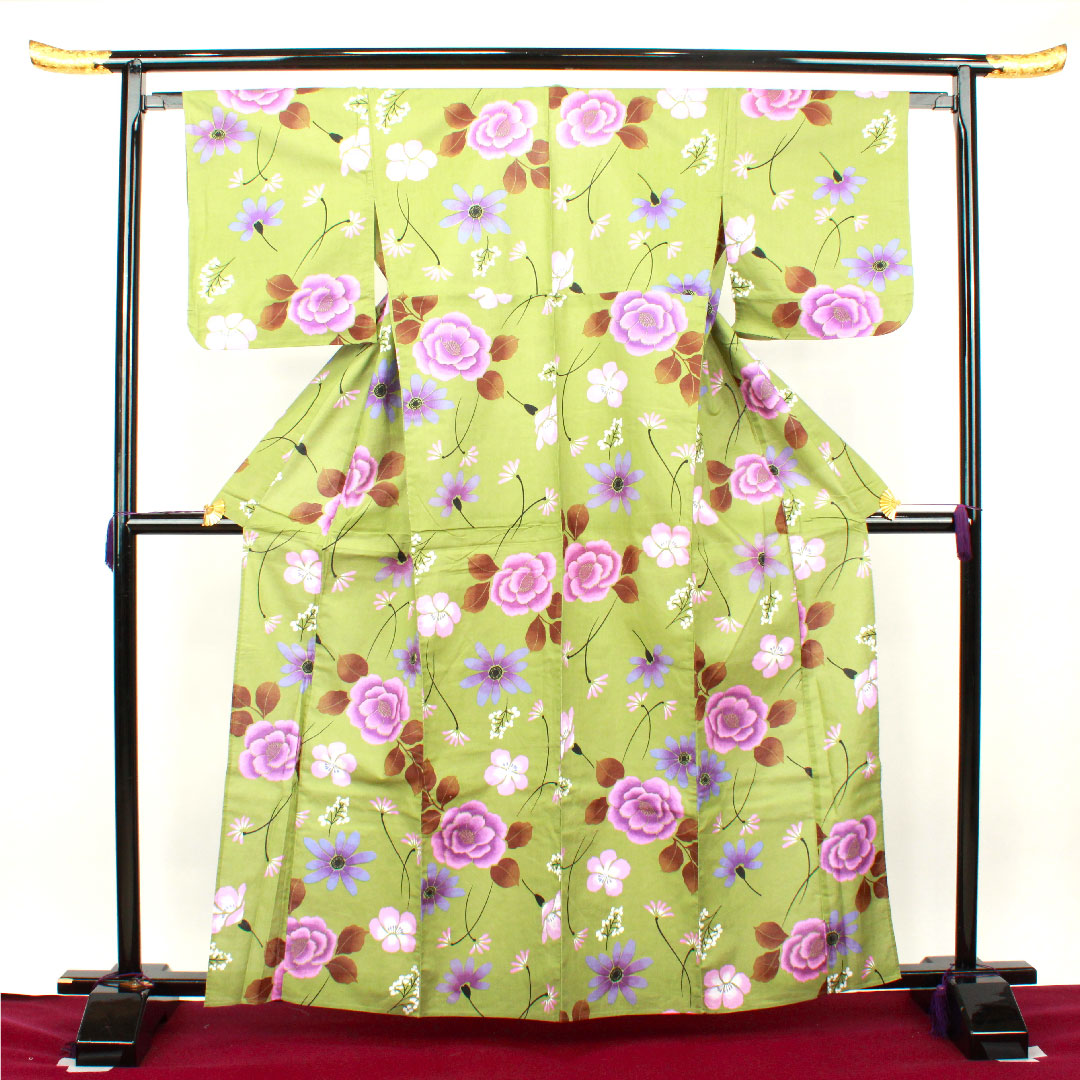 浴衣 緑衫色 草花模様 木綿 Sランク 単衣 身丈162cm 裄丈62cm 緑系 1118001142419