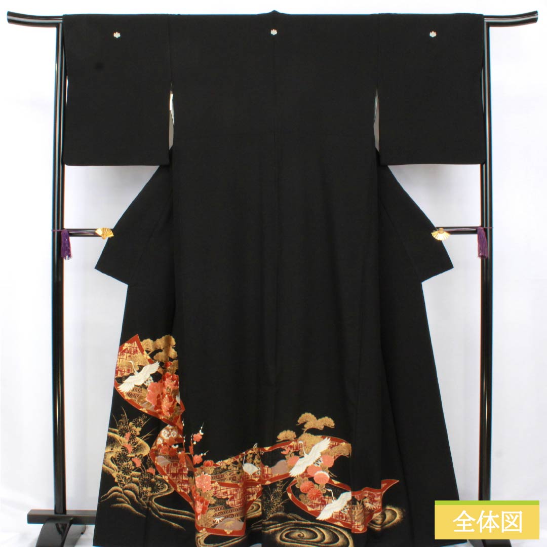 黒留袖 ポリエステル Aランク 身丈163.5cm 裄丈64cm 袷 五つ紋 五三桐 吉祥文様 鶴 松 梅 洗える着物 五つ紋 黒系 1111001833410