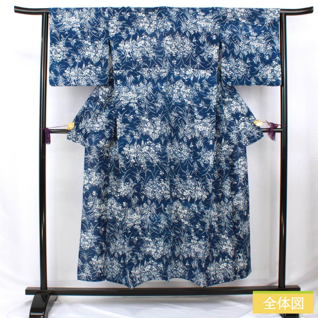 浴衣 木綿 身丈149cm 裄丈63.5cm Sランク 絽 紺系 紺桔梗色(こんききょういろ) 綿絽 総花 1118006352118