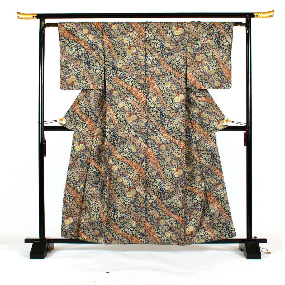 小紋 身丈159cm 裄丈63cm 袷 辻ヶ花 洗える着物 ポリ Sランク 紺系 1115000902318