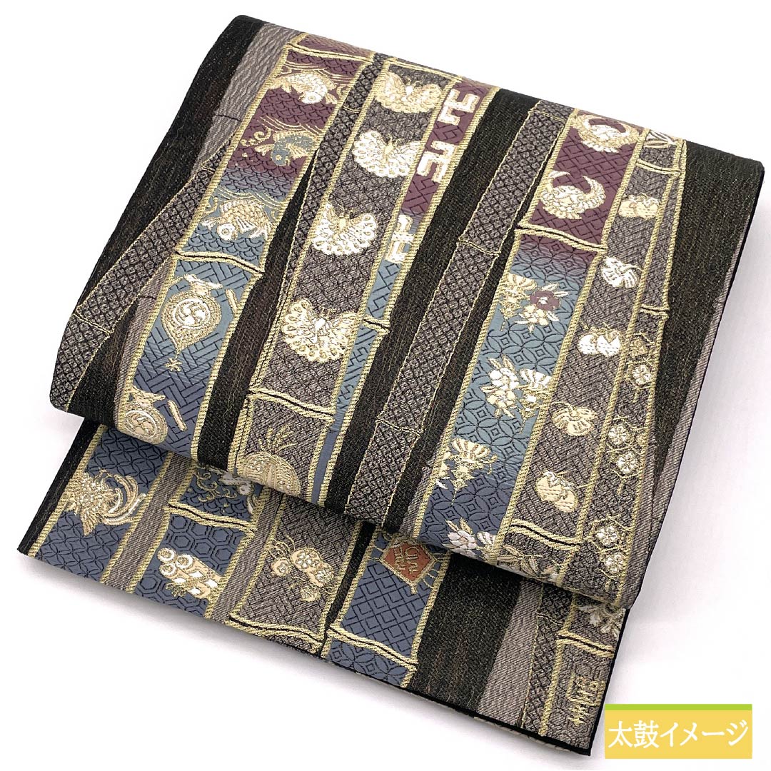 袋帯 正絹 Sランク 吉祥百寿瑞竹文 一図全通網羅錦 帯丈444cm 全通 フォーマル 黒系 1123015262310
