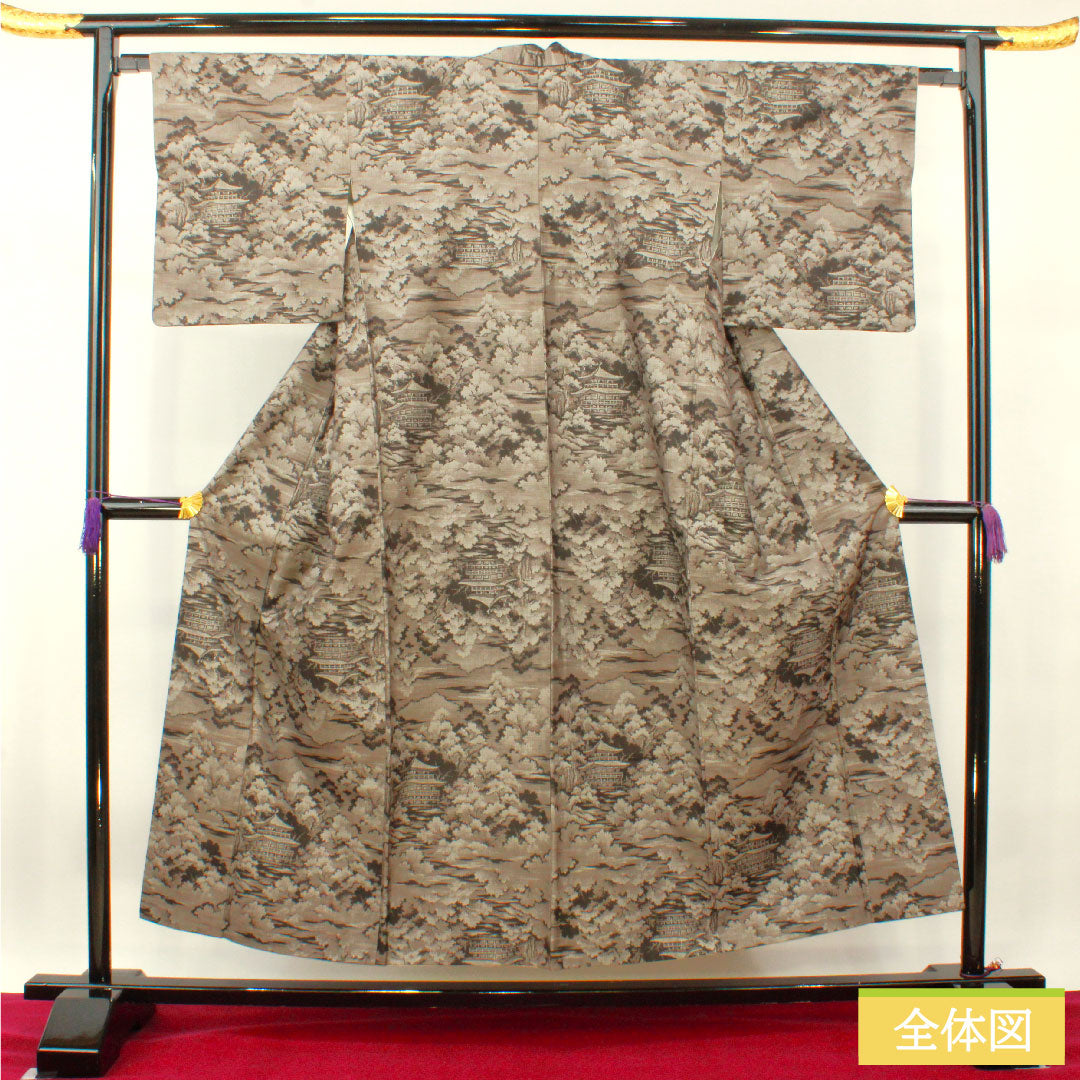 紬 正絹 身丈152cm 裄丈65cm 村山大島 風景模様 Sランク 袷 黒系 1116003382210