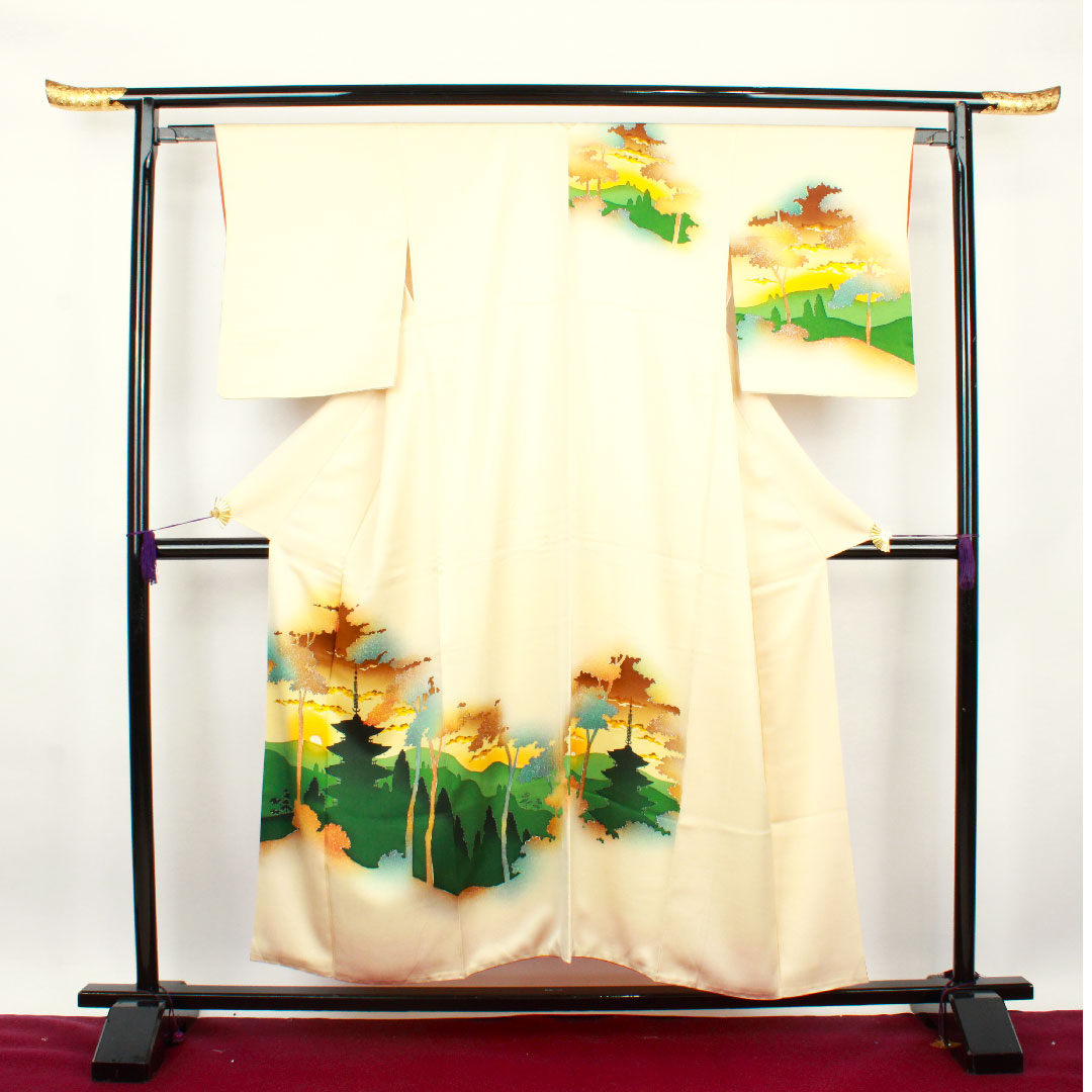 訪問着 袷 身丈152cm 裄丈60cm 砥粉色 風景模様 正絹 Aランク クリーム系 1112001873215