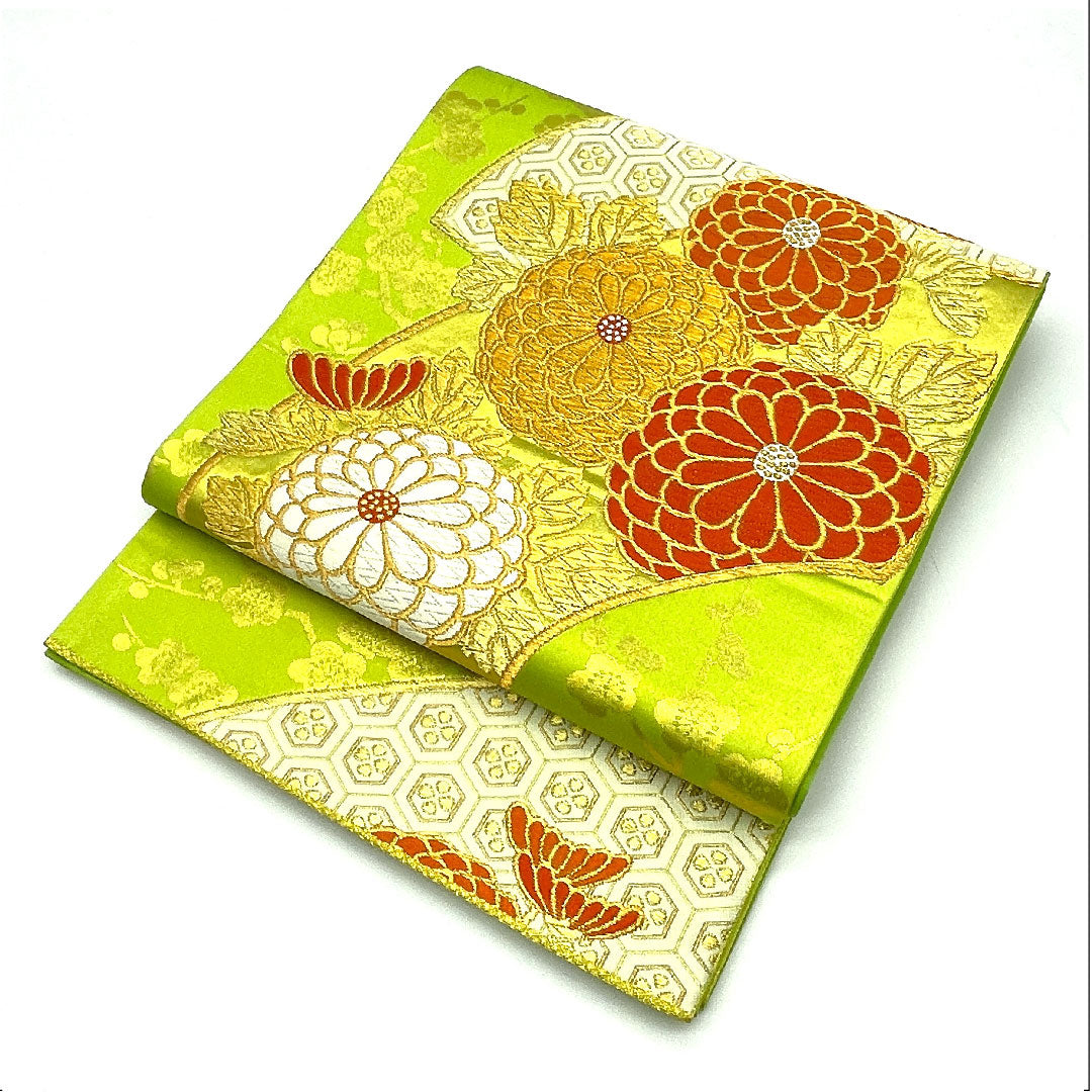 袋帯 菊 振袖用 亀甲 やまとオリジナル 帯丈424cm 正絹 Aランク 六通 フォーマル 緑系 1123003413319