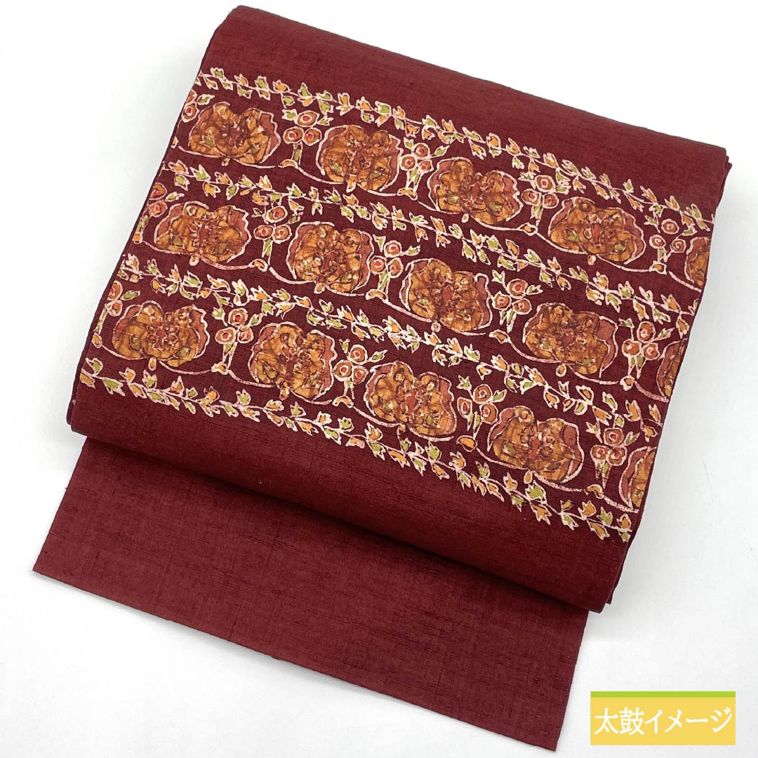 名古屋帯 紅海老茶色(べにえびちゃいろ) 紬地 抽象模様 染め帯 帯丈354cm 正絹 Sランク ポイント柄 カジュアル 朱系 1124007402316 名古屋仕立て