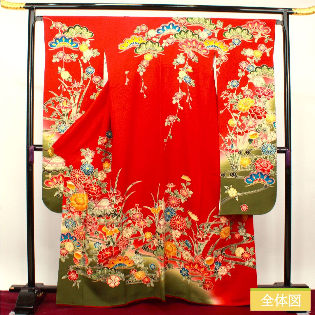 振袖 正絹 身丈163cm 裄丈66.5cm 袷 猩々緋色 京紅型 吉祥文様 Sランク 赤系 1113001852412