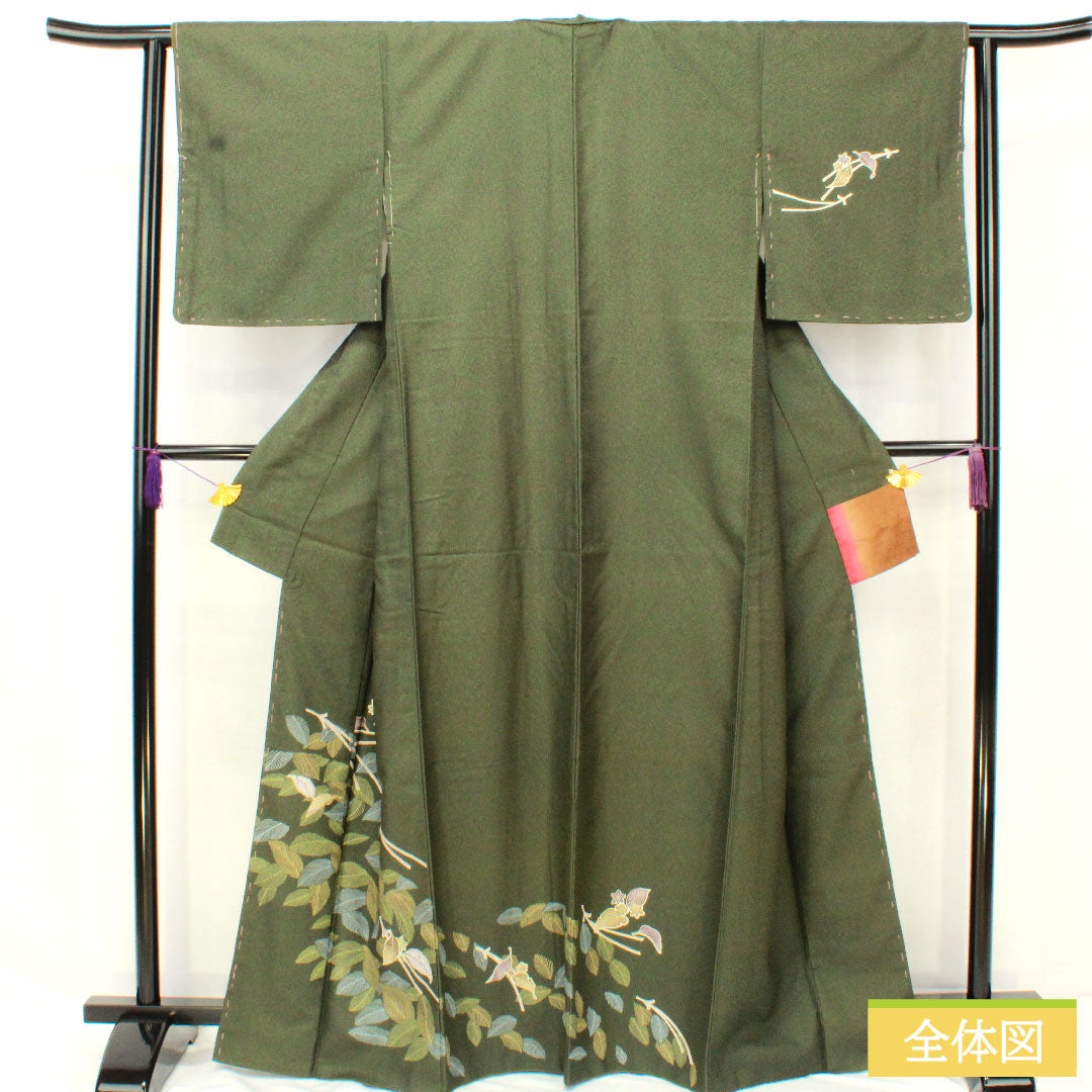 訪問着 ポリエステル 袷 身丈165cm 裄丈63cm 藍海松茶色(あいるみちゃいろ) 洗える着物 松葉 Aランク 緑系 1112005843519