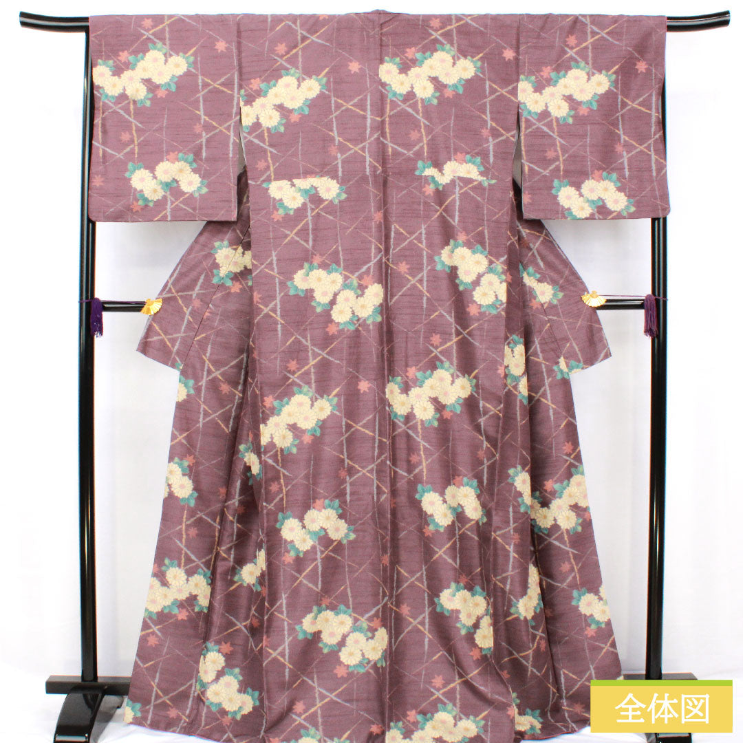小紋 ポリエステル 身丈167.5cm 裄丈67cm 袷 滅紫色(けしむらさきいろ) 洗える着物 菊 Sランク 紫系 1115004592520