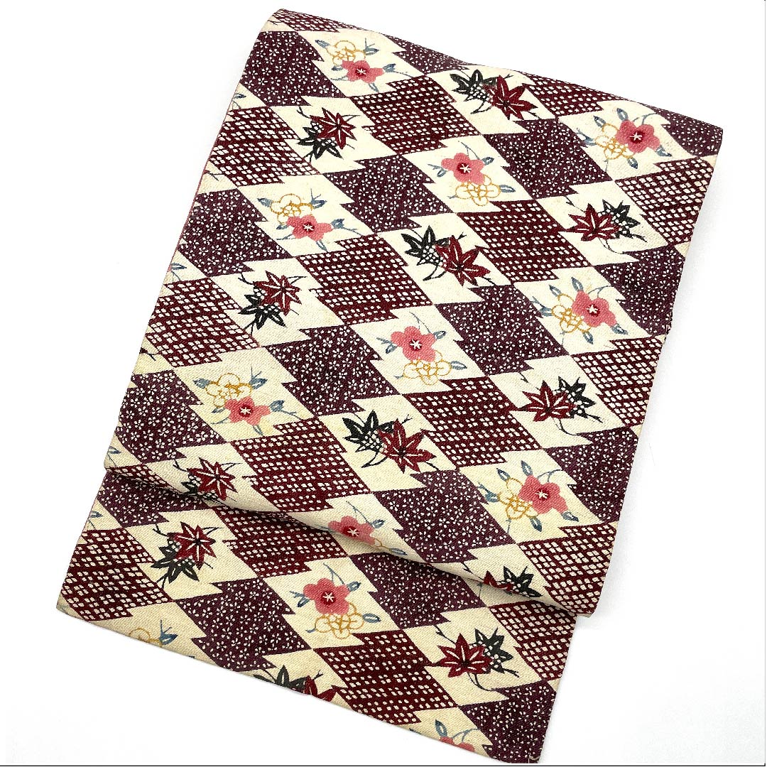 名古屋帯 二人静色 紅葉 花柄 松皮菱 帯丈320cm 正絹 Bランク 六通 カジュアル 紫系 1124004734320 名古屋仕立て