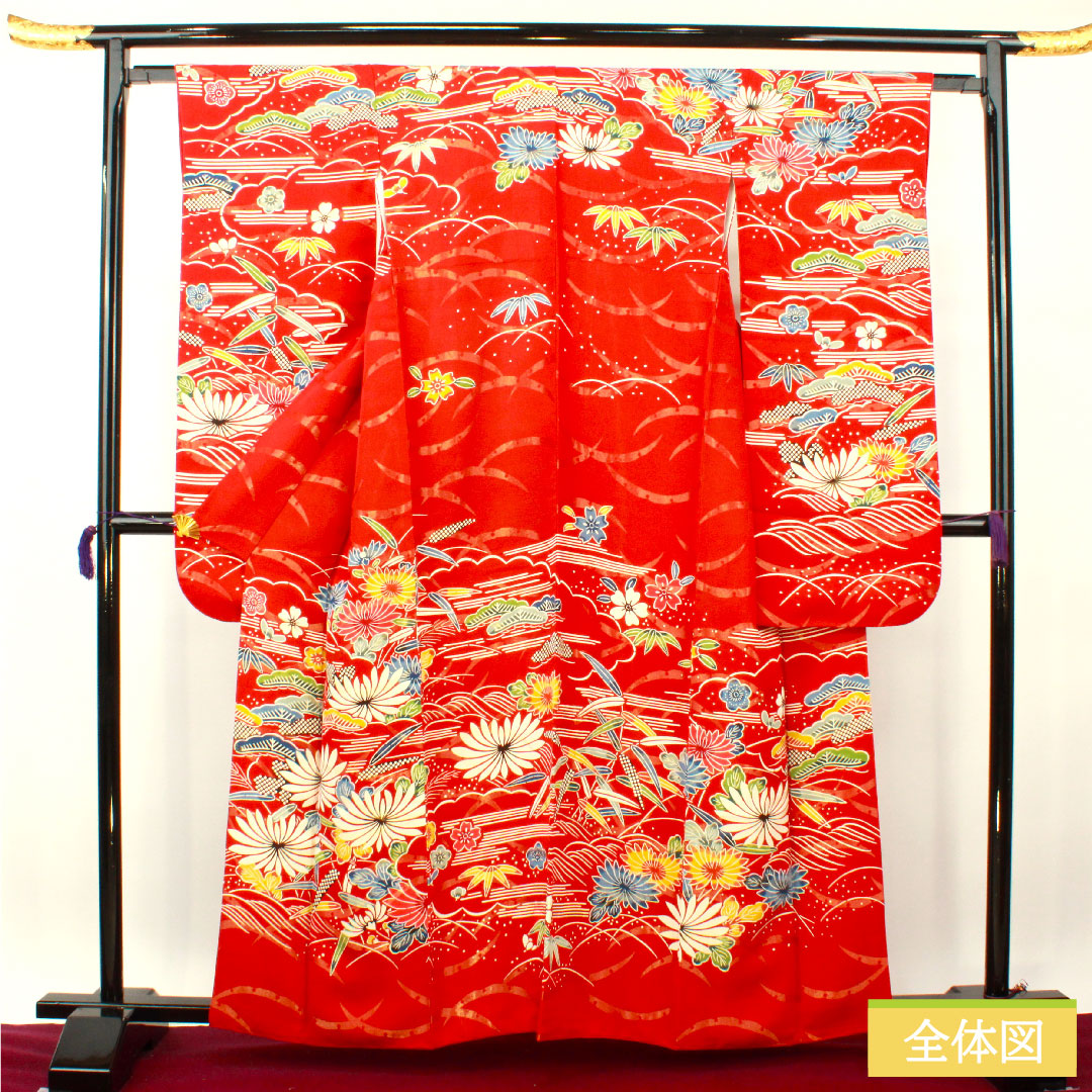 振袖 正絹 身丈160cm 裄丈62.5cm 袷 土耳古赤色(とるこあかいろ) 金通し 露芝 草花模様 Aランク 赤系 1113002043412