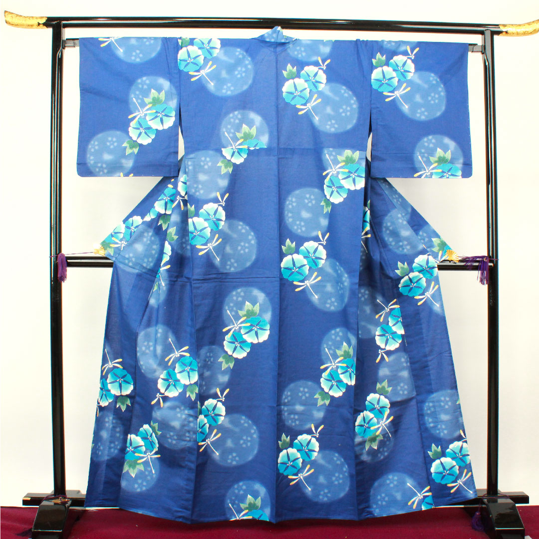 浴衣 しつけ糸付き 未使用品 紺瑠璃色 トンボ 朝顔 木綿 Sランク 単衣 身丈163.5cm 裄丈67.5cm 紺系 1118002202418